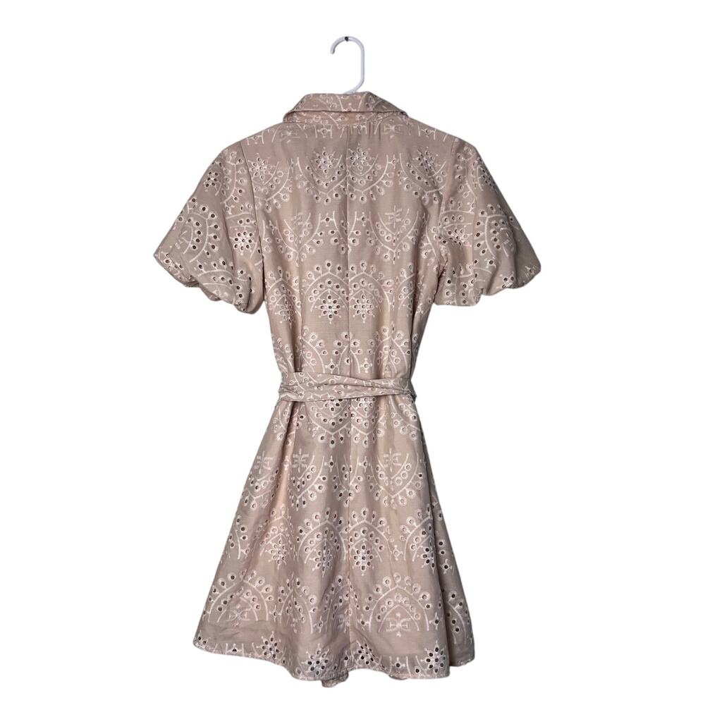 Sam Edelman Eyelet Shirt Dress Beige Puff Sleeve Belted Mini Dress Size 2 - Picture 6 of 10